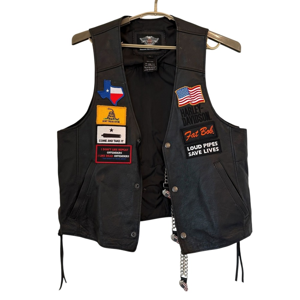 Harley Davidson Men Black Leather Biker Vest Extenders Patches Motorcycle Large - Picture 3 of 14